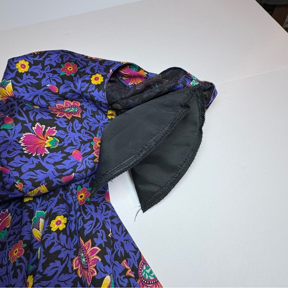 Liz Claiborne Vintage Floral Midi Dress Petite 8 Blue Rayon Belted Long Sleeve - Picture 11 of 11